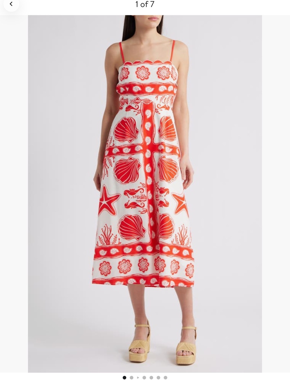 Moon River White and Red Shell-Print Spaghetti Strap Midi Dress